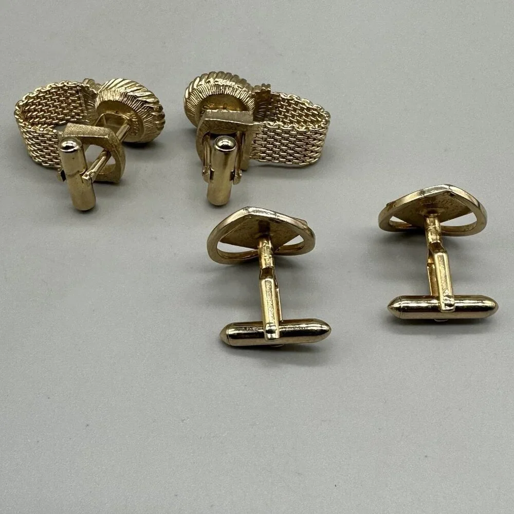 Vintage Swank Men Cufflinks Set of 2 Gold Tone Mesh Rhinestone Modern Square